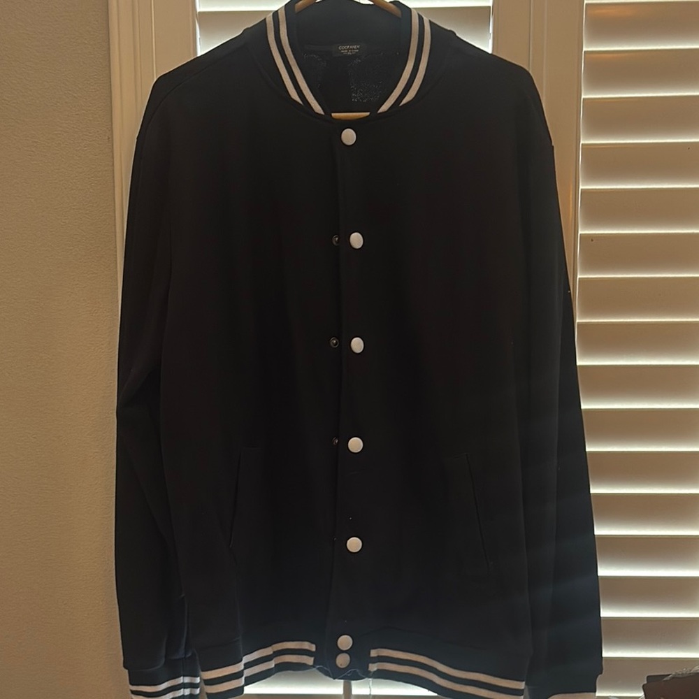 Black and White Varsity Bomber Jacket with Striped Ribbed Details